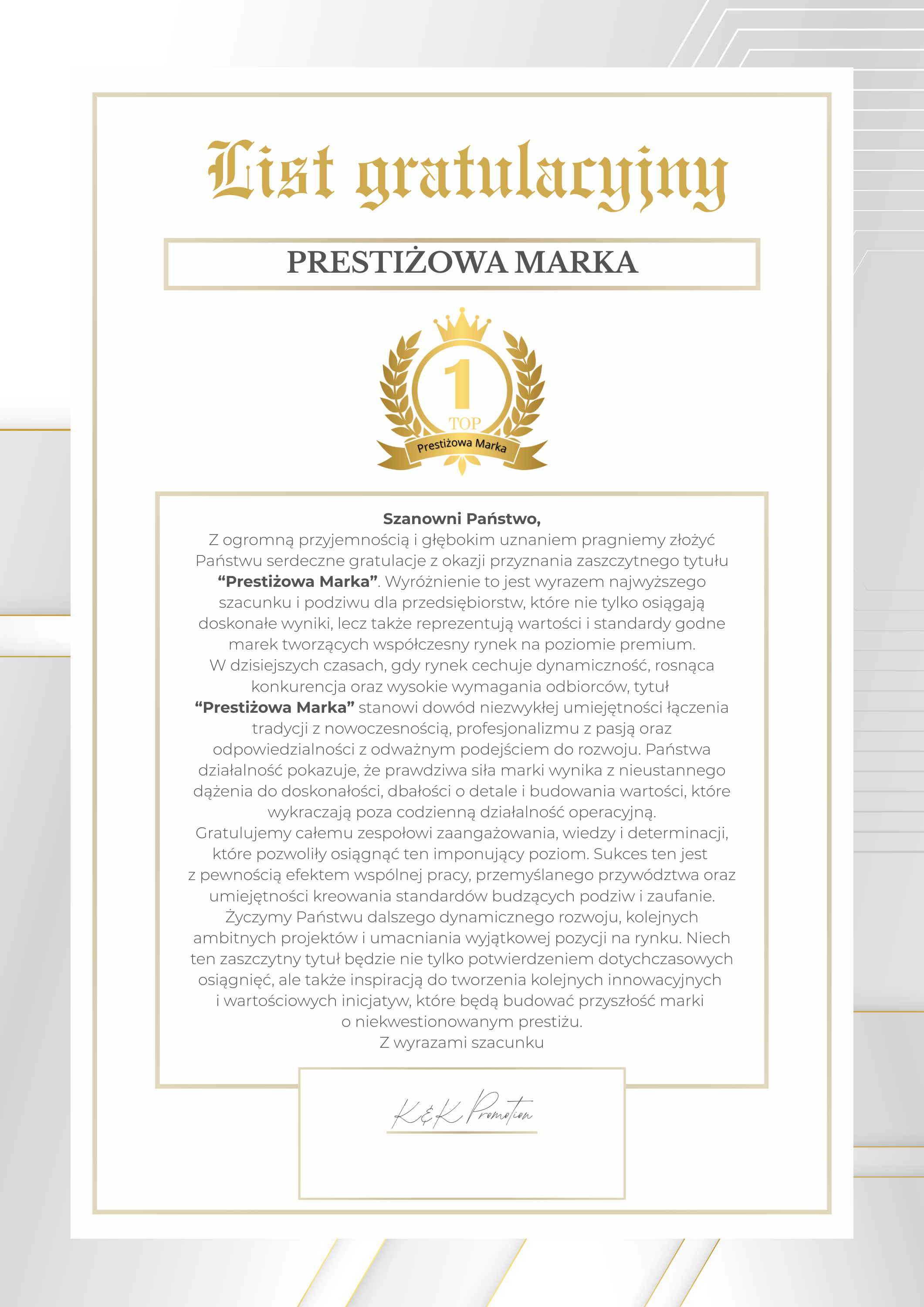 Certyfikat "Prestiżowa Marka 2026"